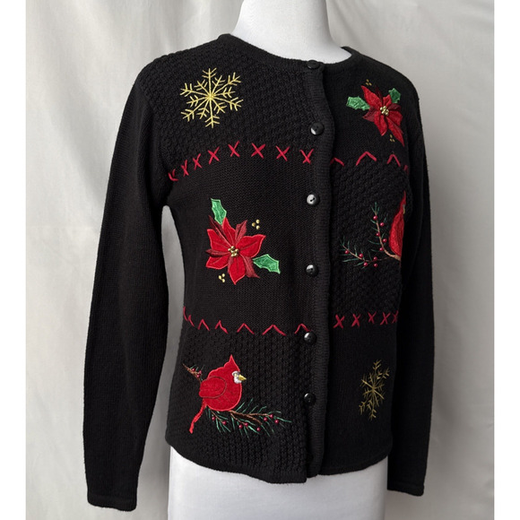 Womens Petite S Embroidered Red Cardinal Beaded Christmas Cardigan Sweater Retro - Picture 4 of 9